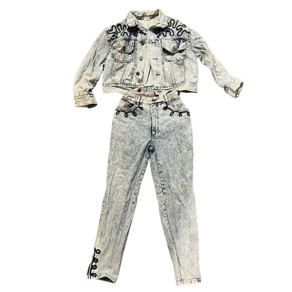 Vintage Bongo Denim Acid Wash Embroidered Jacket & Pants Set Size 5 & Small - Picture 1 of 12